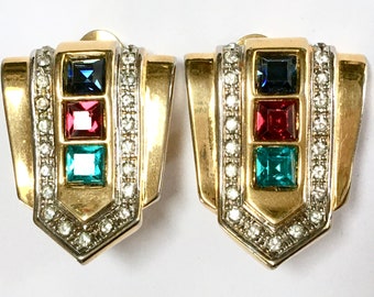 Retro Styling Pave Rhinestone Buckle Clip On Earrings – Big Gold Plate Oversized Clips – Red Green Blue – 1980s