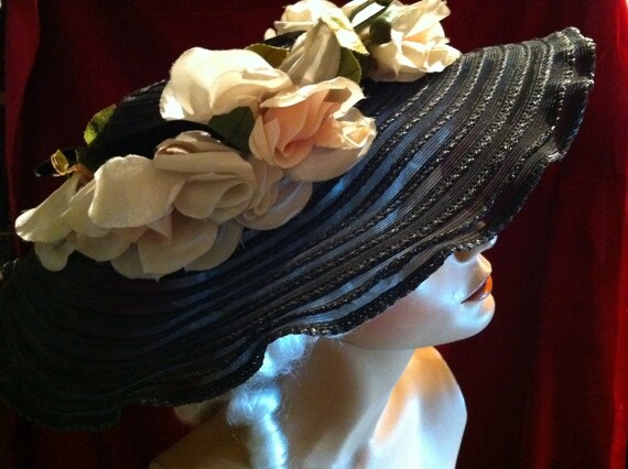 Beautiful Sheer Black Sun Hat – Pink Silk Roses –