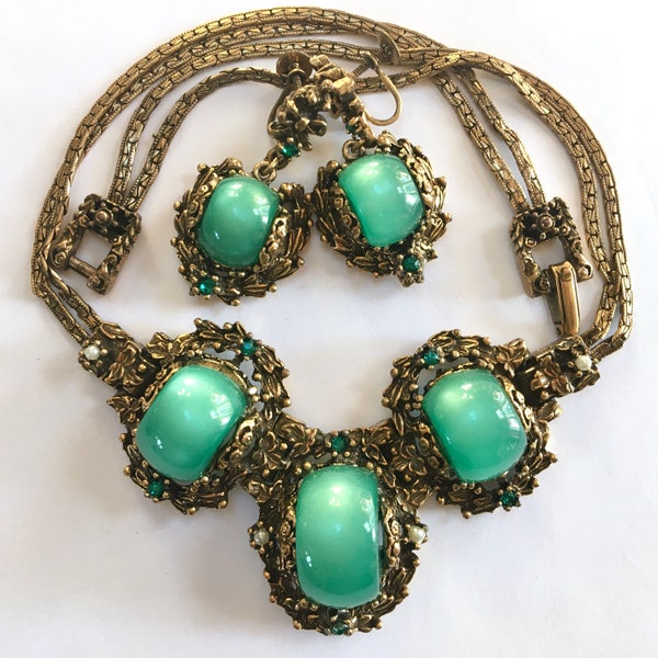 SELRO Green Moonglow Lucite Cabochon Necklace & Dangle Screw Back Earring Set – Floral Wheat Rhinestones Faux Pearl Demi Parure – 1940s