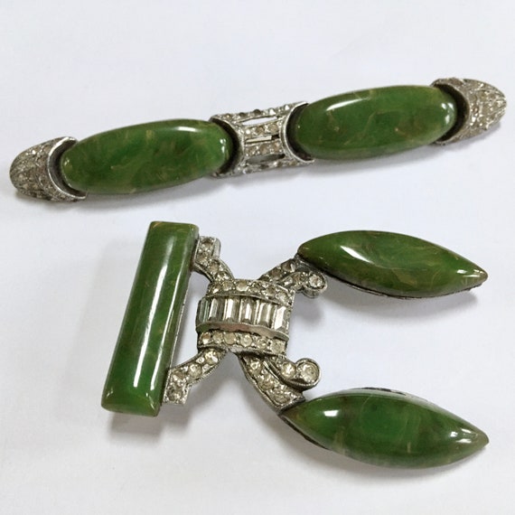 Art Deco Green Marbled Bakelite Pot Metal Bar Pin… - image 3