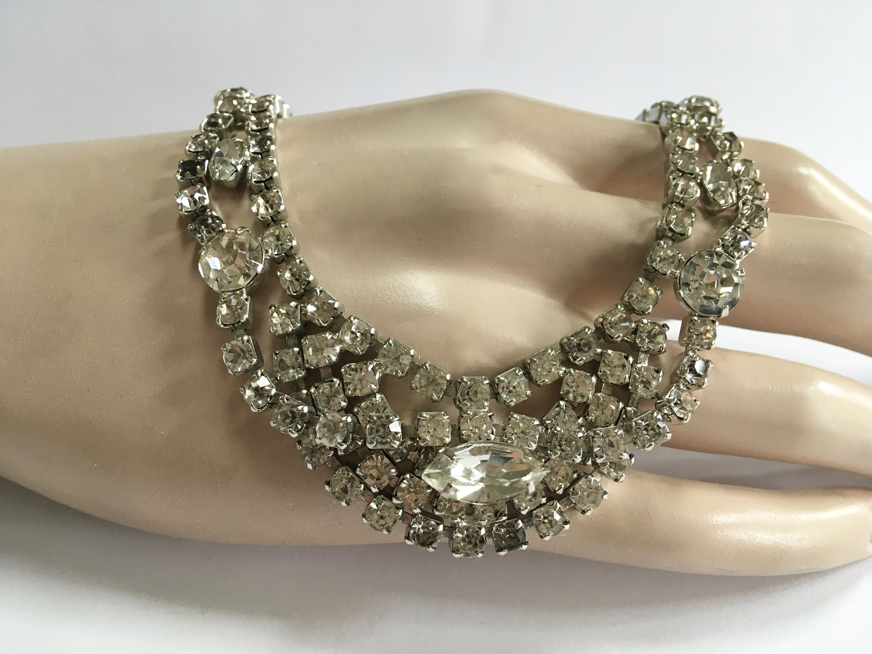 Art Deco Clear Rhinestone Swag Necklace Mid Century Silver Tone Draped