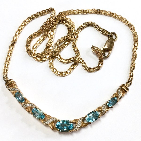 Blue Topaz Glass Silver Vermeil Choker Necklace – Made in Italy – Pretty Dainty Jewelry – 1990s