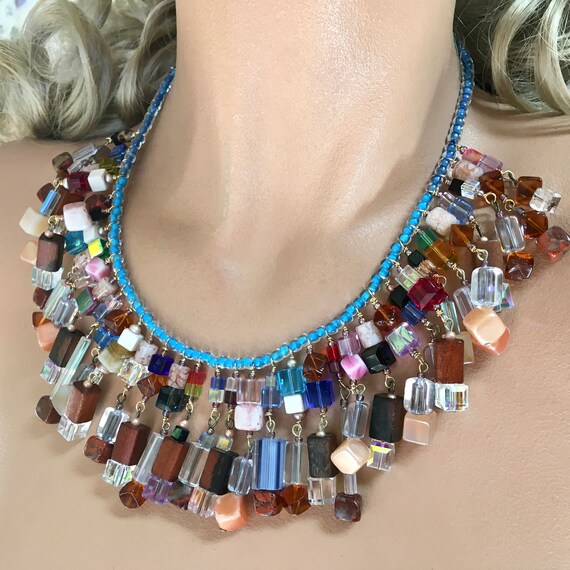 Colorful Crystal Cubes Wood Fringe Collar Necklac… - image 6