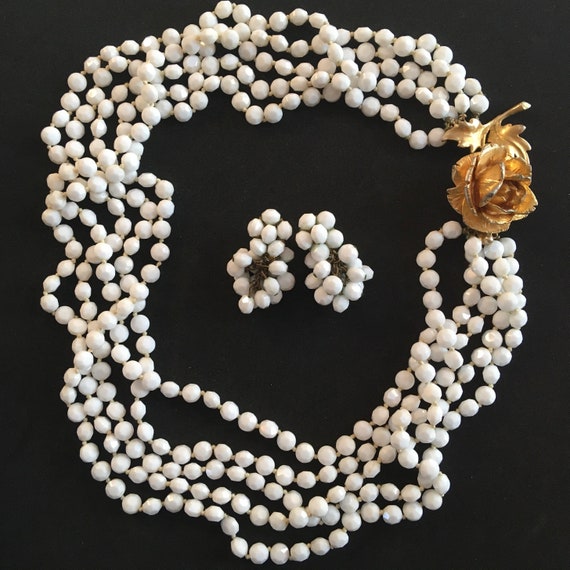 VOGUE Faceted White Milk Glass Beaded Necklace & … - image 1