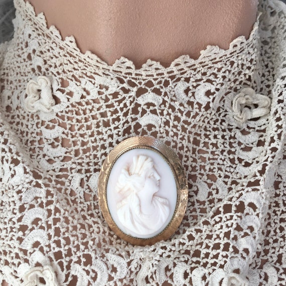 Cameo Brooch – Beautiful Gold Plate Etched Frame … - image 5