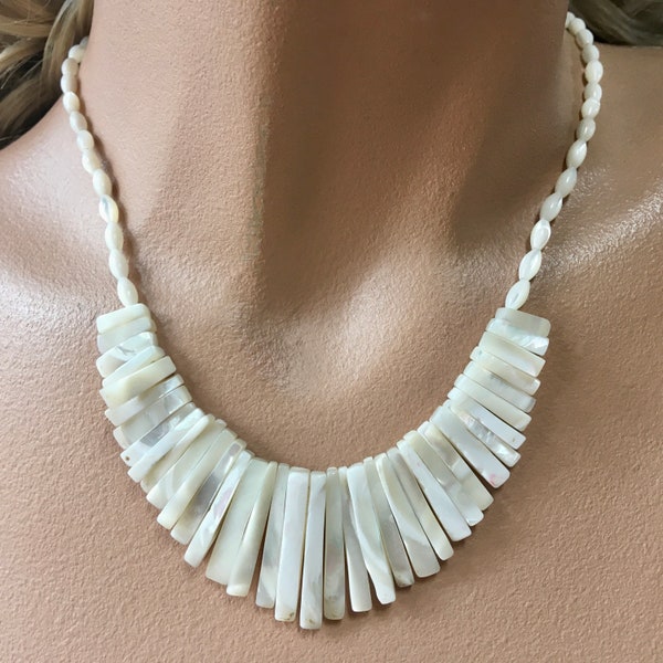 Mother Of Pearl Fringe Necklace – Natural White Iridescent Shell Dangles – Luminescent Glow – 1970s