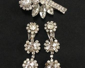 Long Clear Crystal Rhinestone Clip Earrings & Hair Clip – Made in Japan – Silver Tone – 1960s