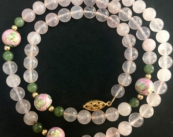 Rose Quartz Jade Bead Necklace – Natural Pink Stone & Hand Painted Porcelain Beads – 1960s