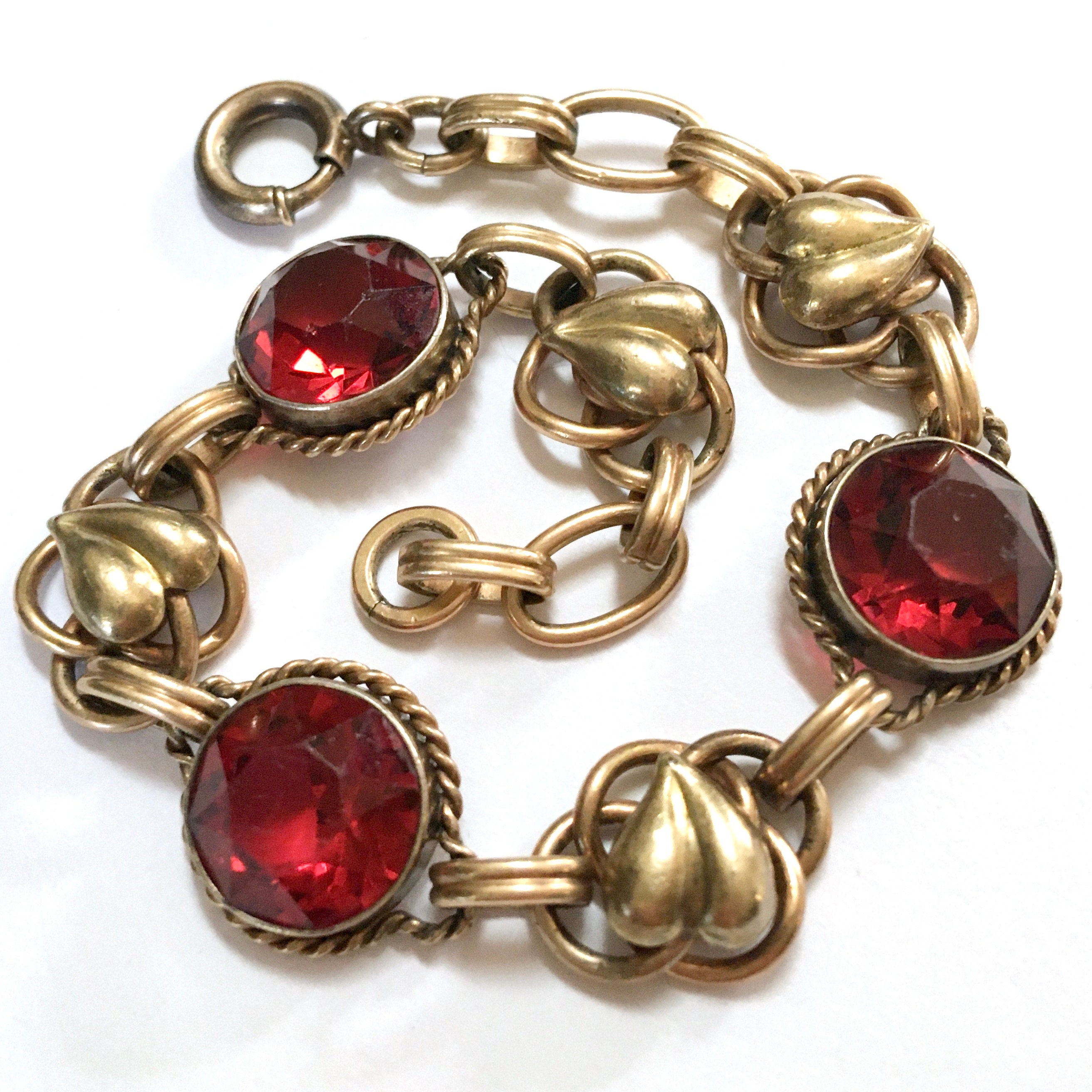 Art Deco Sterling Silver Vermeil Link Bracelet Floral Leaves & Garnet Red  Glass Gold Plate Signed Carl Art 1940s - Etsy