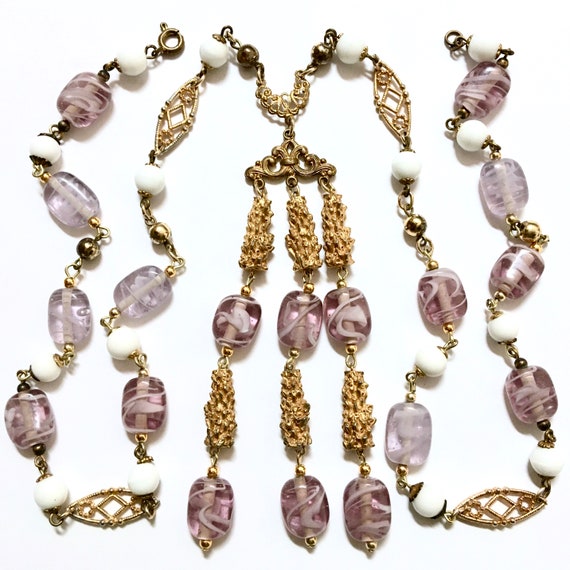 Long Art Glass Tassel Necklace – Gold Tone Filigr… - image 1