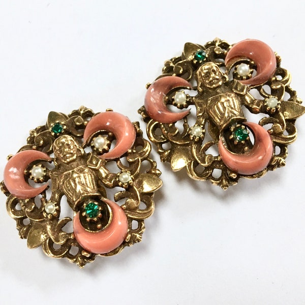 Large Filigree Half Moon Clip On Earrings – Unsigned Florenza Asian Influence Figural Clips – Orange Thermoset Cabochons – 1960s