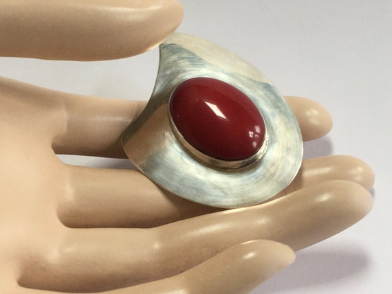Mexico 925 Sterling Silver Modernist Brooch – Red… - image 3