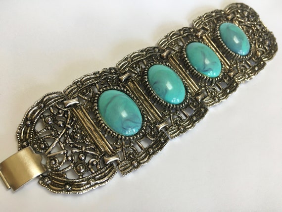 Wide Ornate Vintage Panel Link Bracelet – Big Blu… - image 3