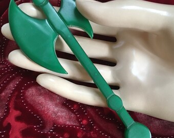 Bakelite Era Battle Double Axe Labrys Brooch – Huge Carved Green Figural Pin – Extra Large Big Oversized 5 Inches – 1940s