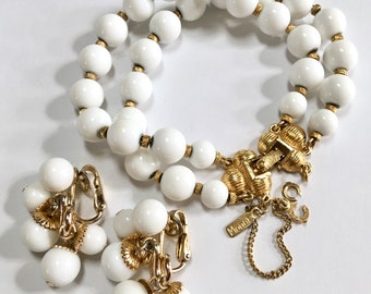 Monet White Bead Lucite Multi Strand Bracelet & Trifari Dangle Clip On Earrings – Gold Tone Married Set – 1960s