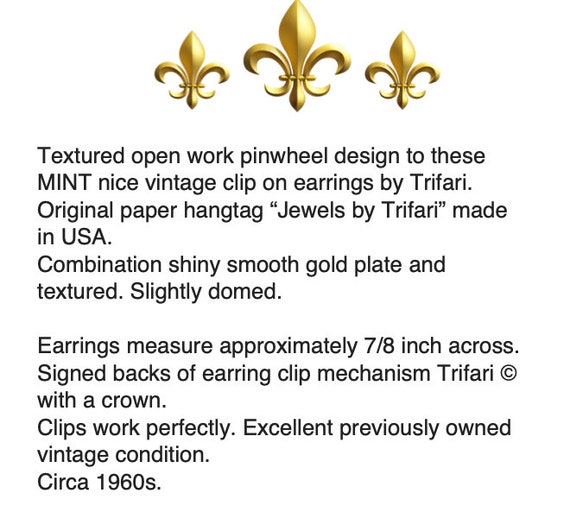 Crown Trifari Gold Tone Clip On Earrings With Jew… - image 2