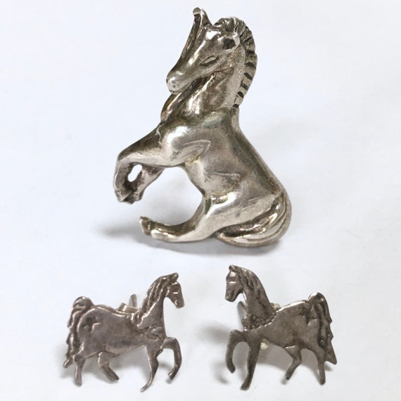 Equestrian Horses Brooch & Earrings – Sterling Si… - image 1