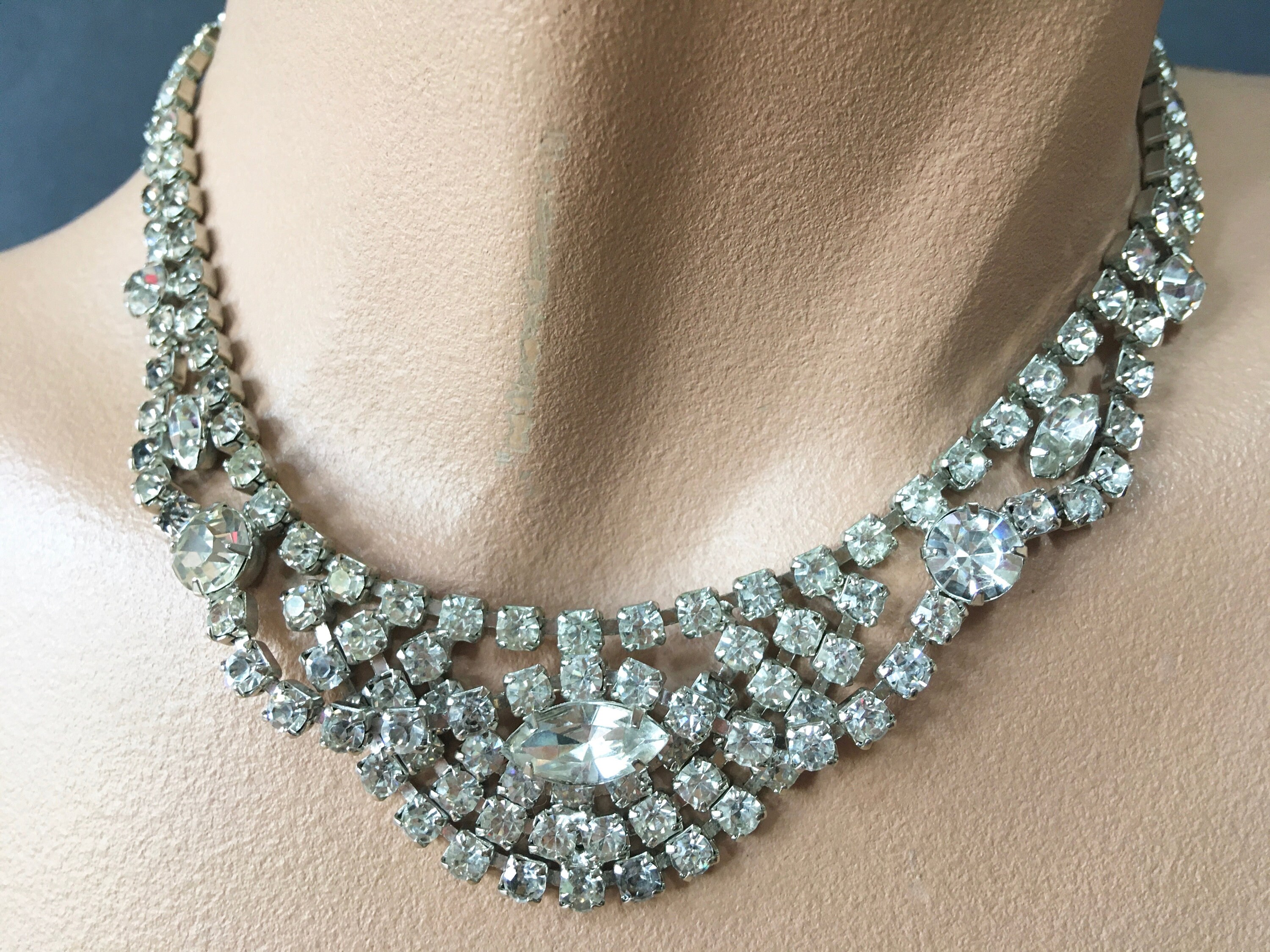 Art Deco Clear Rhinestone Swag Necklace Mid Century Silver Tone Draped