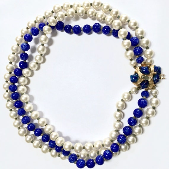 MARVELLA Faux Pearl & Blue Lapis Art Glass Bead N… - image 6