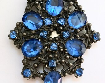 Vivid Sapphire Blue Crystal Clip Brooch – Large Art Deco Czech Antique Pin – 1930s