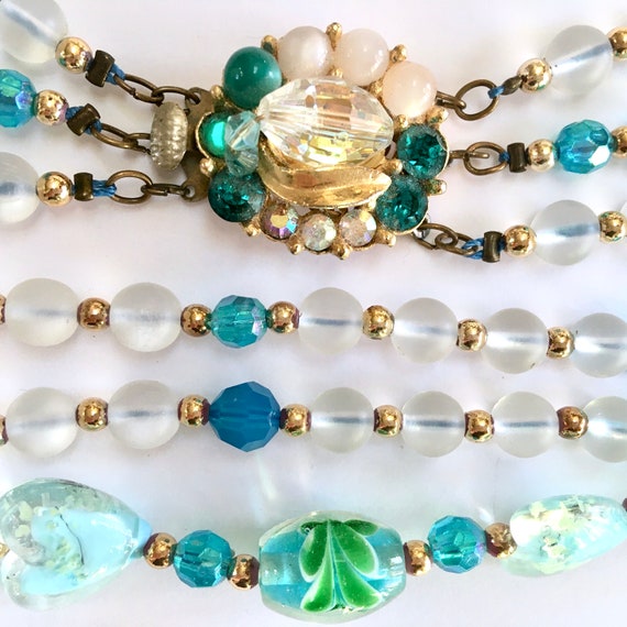 Teal Blue Art Glass Three Strand Necklace – Aqua … - image 3