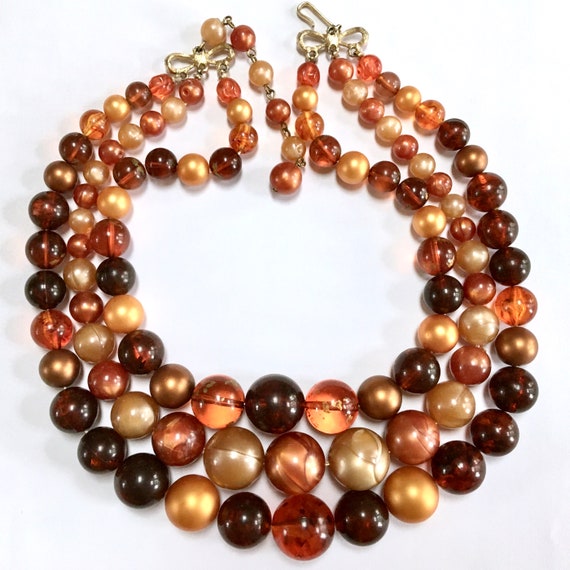 Coro Three Strand Necklace – Rust Orange Lucite & 