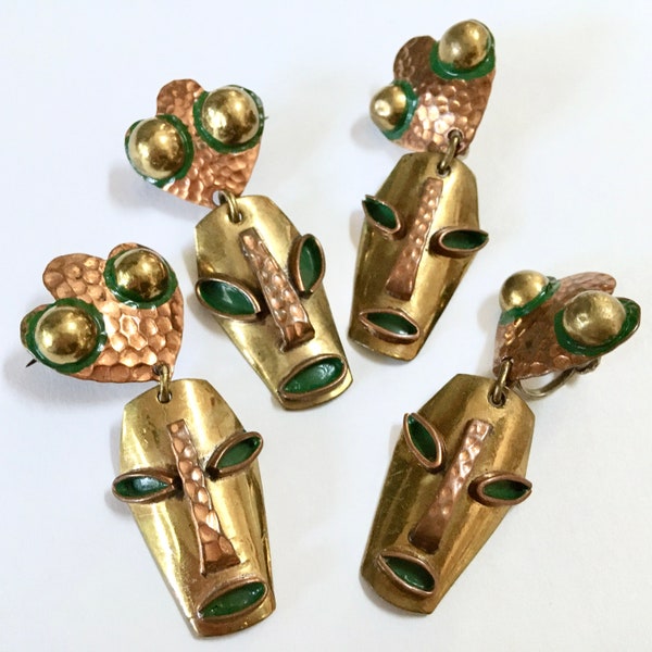 Casa Maya Mixed Metal Screwback Earrings & Matching Brooch Set – Hammered Copper Brass Figural Face Dangles – Green Enamel – Mexico – 1960s