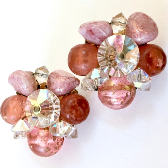 Pink Crystal Art Glass Cluster Clip On Earrings –… - image 6