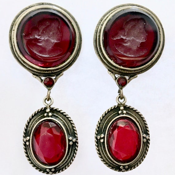 Red Glass Intaglio Dangle Clip On Earrings – Beze… - image 1