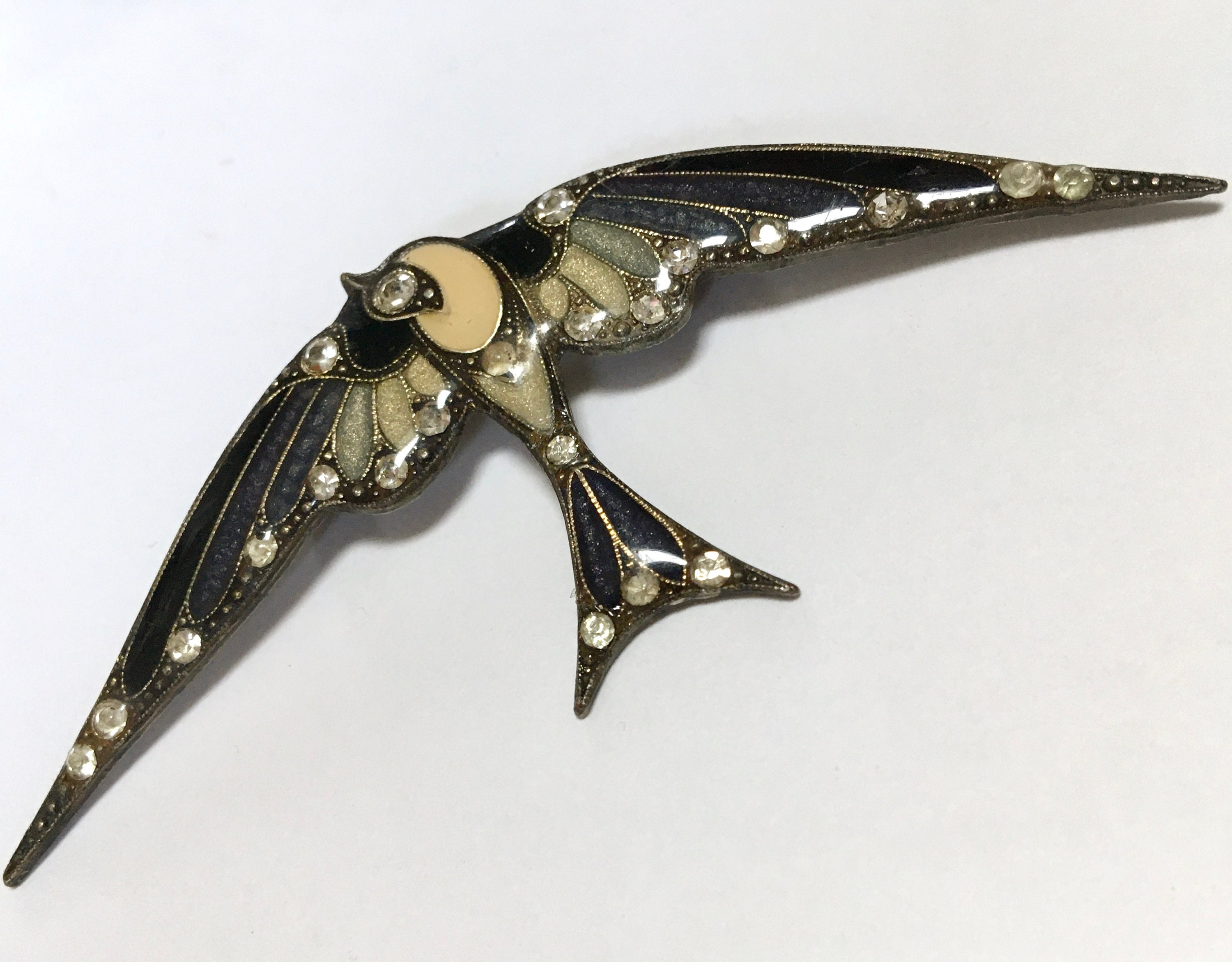 Enamel Swallow Bird Brooch Clear Rhinestones Deco French Trombone Clasp