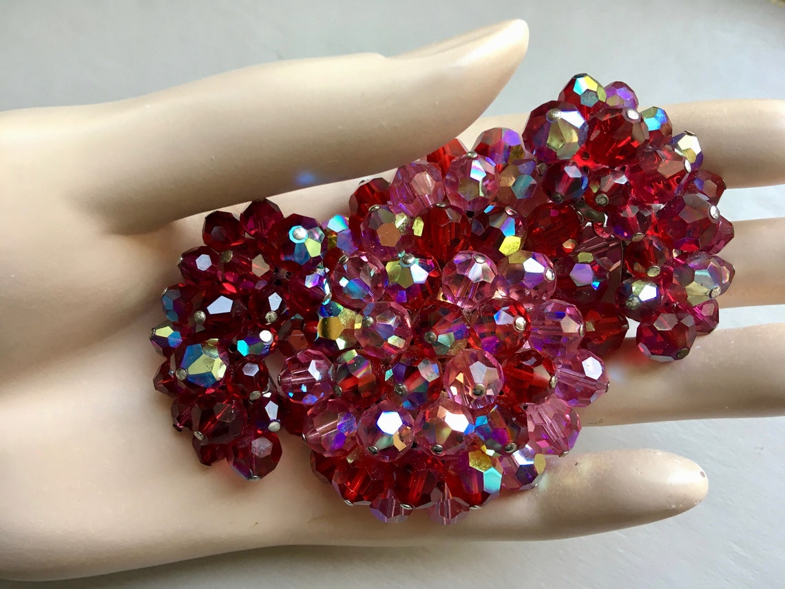 Raspberry Colored Crystals Vintage Brooch Earrings Cha Cha Etsy