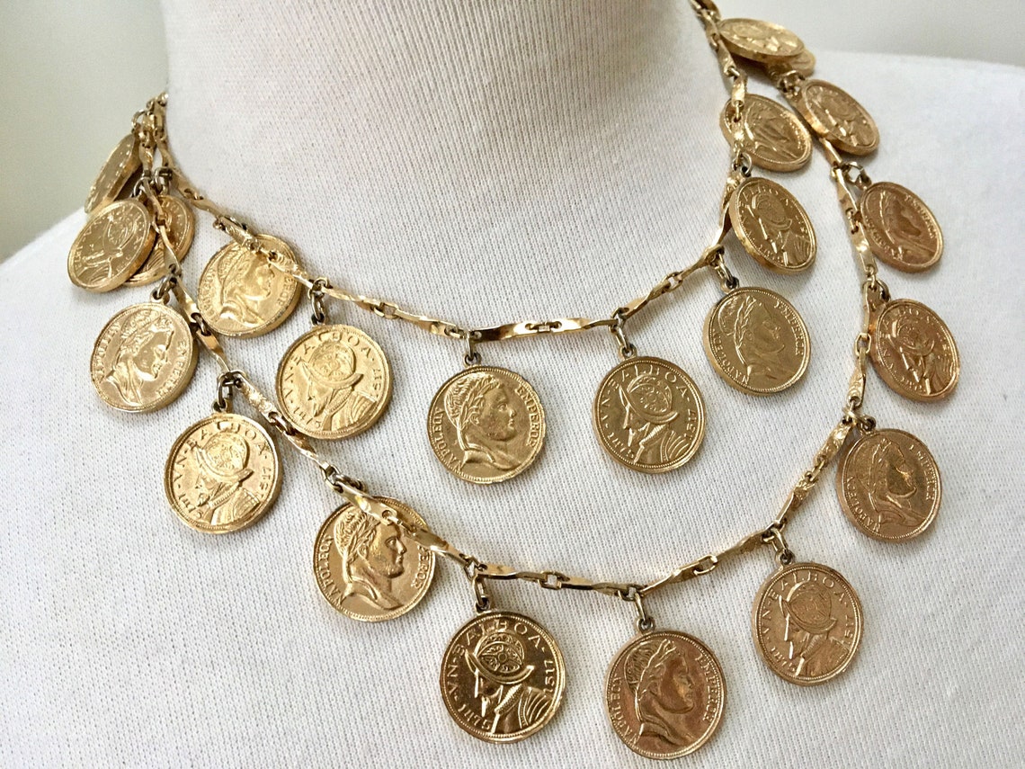 Trifari Gold Faux Coins Charm Necklace Long Length Faux Etsy