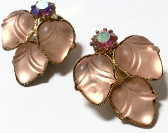 Peach Pink Frosted Acorn Clip On Earrings – Brass & Iridescent Molded Satin Glass AB Aurora Borealis Crystals – 1950s
