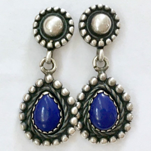 Blue Lapis Teardrop Southwestern Earrings – Gemstone Dangles Designer Signed Quoc Q.T.© 925 Sterling Silver – 1980s