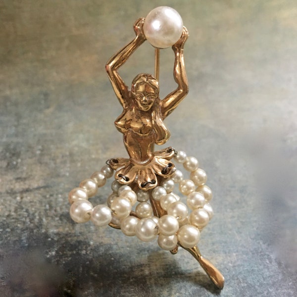 Napier Ballerina Brooch – Wired White Faux Pearls Gold Plate Figural – Eugene Bertolli – Book Piece – 1950s
