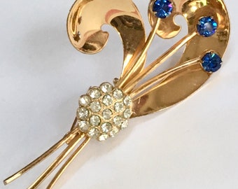 Coro Vermeil Stylized Brooch – Large Retro Gold Plate Floral Spray Pin – Blue Rhinestones – 1950s