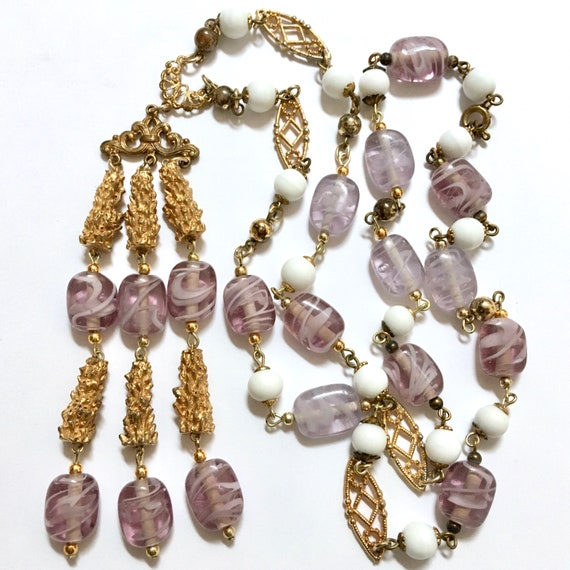 Long Art Glass Tassel Necklace – Gold Tone Filigr… - image 4