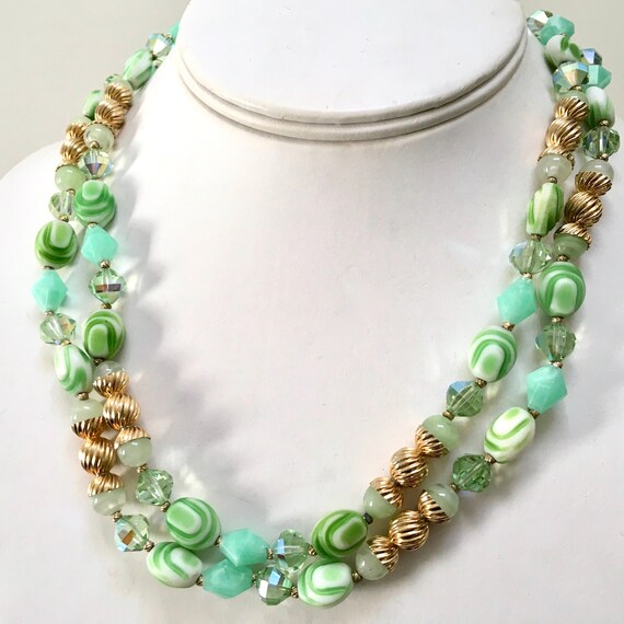 Vendome Art Glass Two Strand Necklace & Clip On C… - image 3