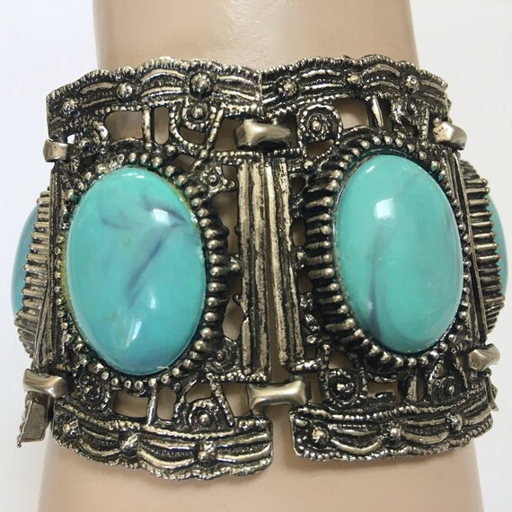 Wide Ornate Vintage Panel Link Bracelet – Big Blu… - image 5