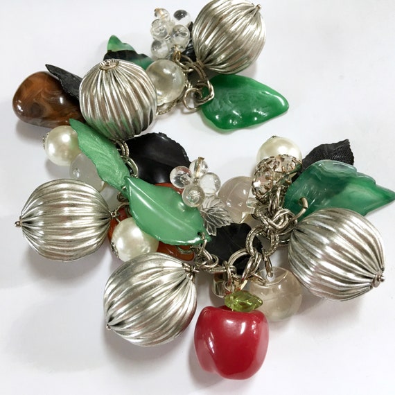 Glass Leaves Faux Pearl Big Ribbed Silver Tone Ba… - image 5
