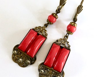 Czech Red Stepped Glass Marcasite Dangle Earrings – Ornate Brass Antique Czechoslovakia Max Neiger – 1920s