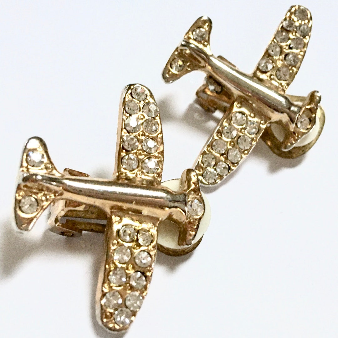 Airplane Clip on Earrings Pave Crystal Rhinestone Figural Airplanes