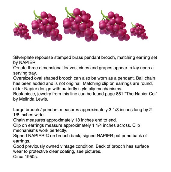 NAPIER Grapes Pendant Brooch & Earrings Set – Sig… - image 2