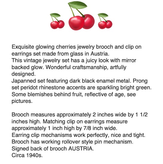 AUSTRIA Cherry Forbidden Fruit Brooch Clip On Ear… - image 2