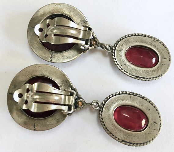 Red Glass Intaglio Dangle Clip On Earrings – Beze… - image 5