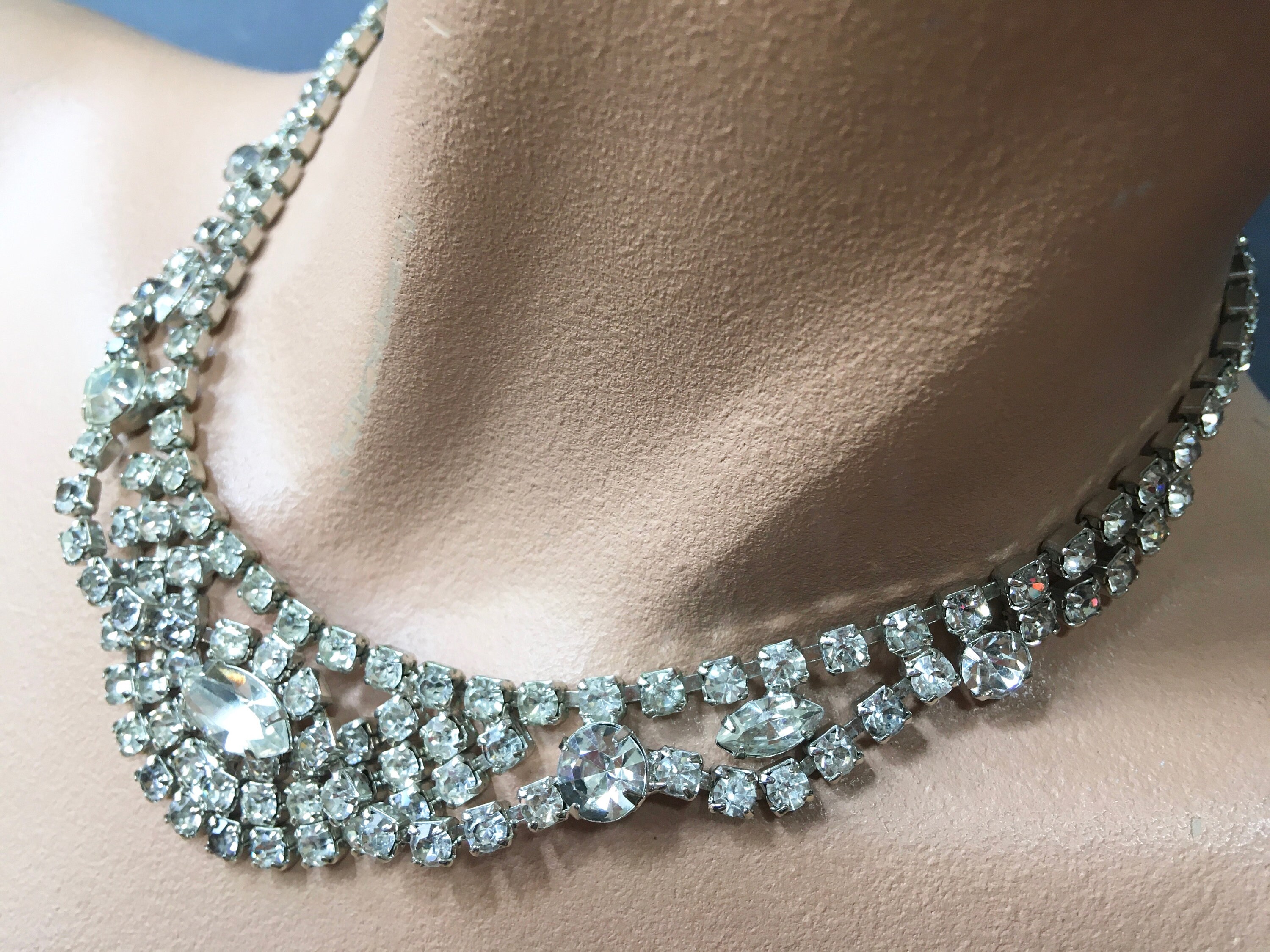 Art Deco Clear Rhinestone Swag Necklace Mid Century Silver Tone Draped