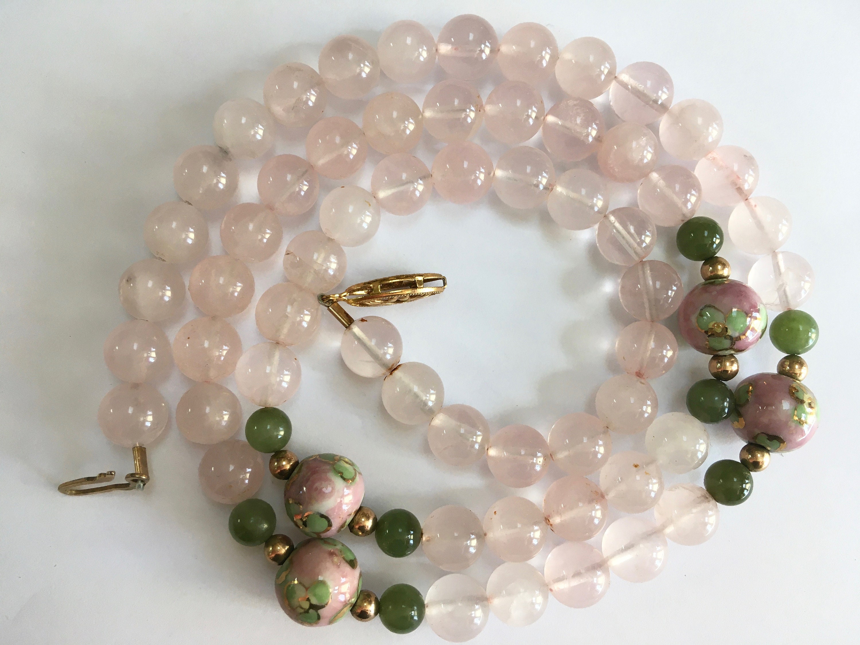 Rose Quartz Jade Bead Necklace Natural Pink Stone & Hand Painted ...