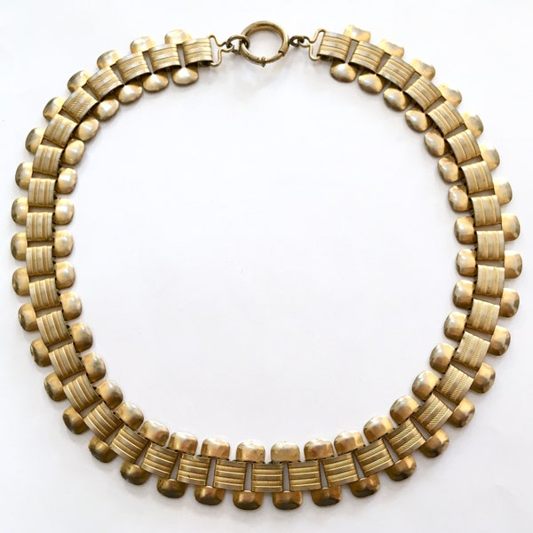 Big Links Bookchain Necklace – Gold Tone Wide Choker – Victorian Revival – Mid Century – 1950s