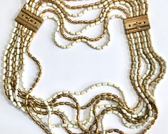 Antique Art Deco Brass Ball Chain White Enamel Necklace Bracelet Set – Eight Strands – 1930s