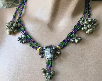 Ethnic Brass Bells & Figural Cow’s Head Necklace – Glass Green Purple Beads – One Of A Kind Asian Influence – 1980s